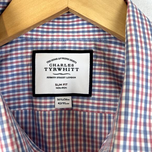 Charles Tyrwhitt Red Blue Mens 16.5-36 Plaid Non-Iron Slim‎ Fit Dress Shirt - Picture 3 of 6